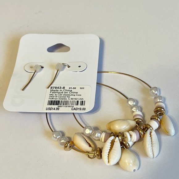 Gold Cowrie Shell White Freshwater Pearl Earrings Island Beach BIG Hoops Plated - Picture 5 of 11